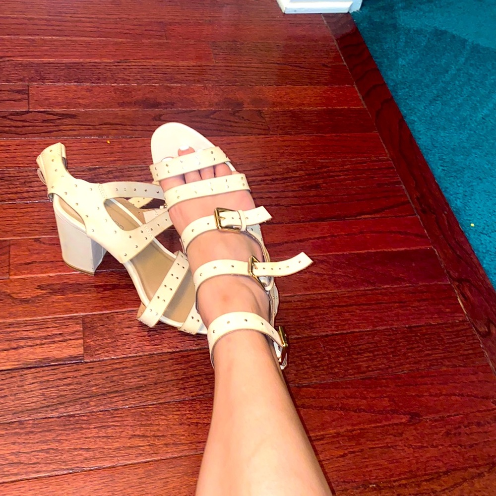 Tan strappy studded heeled sandals